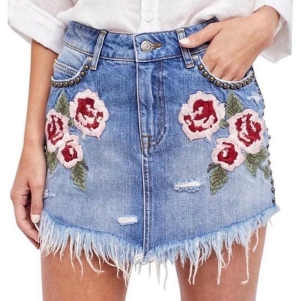 Free People Denim Embellished Mini Skirt